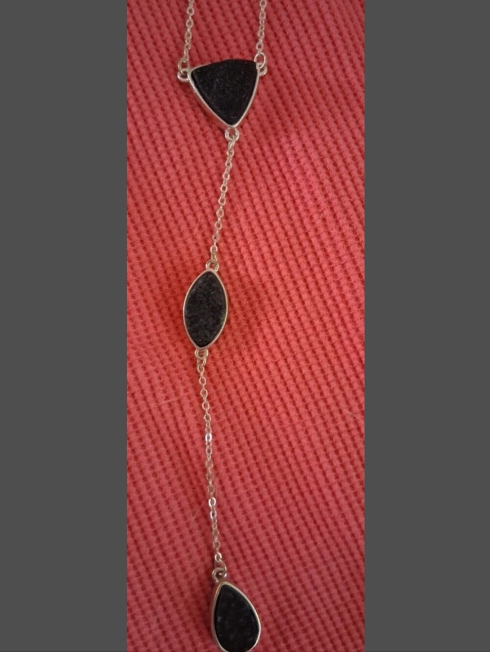Silver Chain Necklace with Black Stone Drops